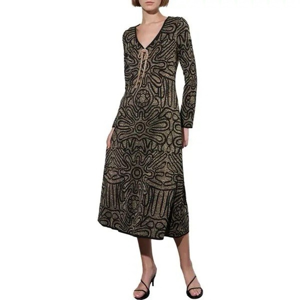 Ming Wang Women's Sz XL Black Gold Lurex Metallic Swirl Knit Midi Dress Classic